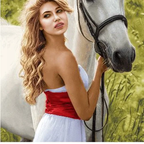 نخ و نقشه تابلو فرش طرح دختری با اسب سفید کد ۲۴۵۳