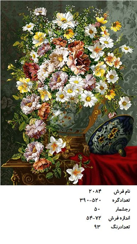 نخ و نقشه تابلو فرش دستبافت طرح گل کد ۲۰۸۴