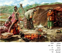 نخ و نقشه تابلو فرش دستبافت  طرح عشایر ایرانی ،زندگی ایلیاتی  کد ۱۹۳۶