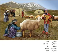 نخ و نقشه تابلو فرش دستبافت  طرح عشایر ایرانی ، زیباییهای زندگی عشایر  کد ۱۹۲۸