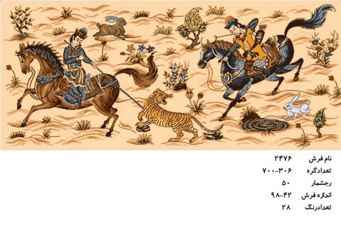 نخ و نقشه تابلو فرش دستبافت  ، طرح  شکارگاه  ، کد ۲۴۷۶